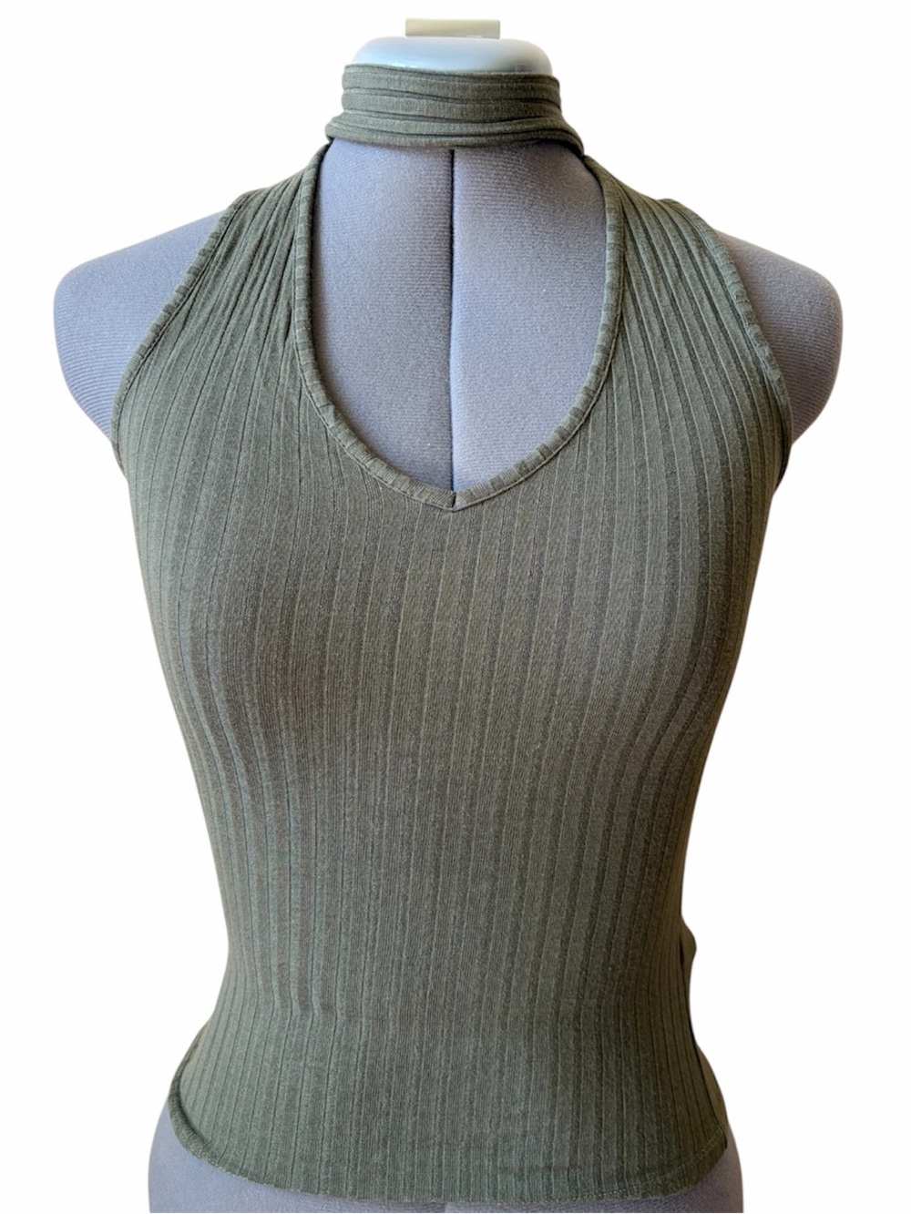 Urban Heritage Olive Green Ribbed Halter Tank Top Y2K Fitted Sleeveless Boho